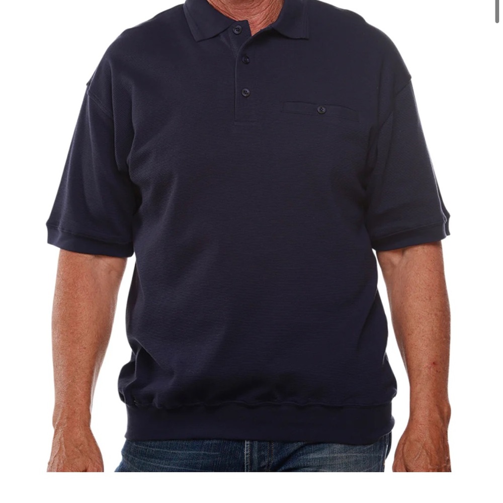 CLASSICS BY PALMLAND SHORT SLEEVE 3 BUTTON BANDED BOTTOM KNIT COLLAR